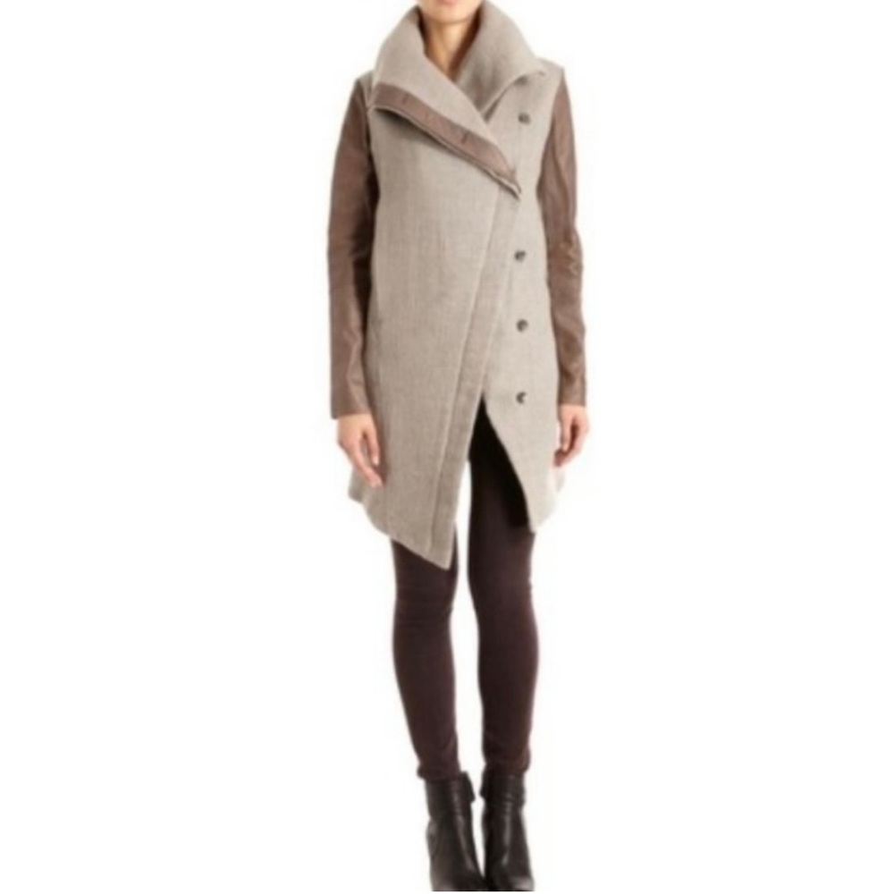 Helmut Lang Asymmetrical Wool Coat with Leather Trim